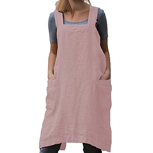 Cotton Linen Apron Cross Back Apron for Women with Big Pockets Square Pinafore Dress for Baking Cooking BBQ & Grill Pink 2XL (Pink / XX-Large)