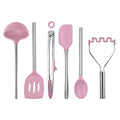 Silicone Cooking Utensil Set of 6 Pink Sorbet Ladle Slotted Turner Tongs Flex Core Spatula Scraper Mixing Spoon and Potato Masher (Pink Sorbet)