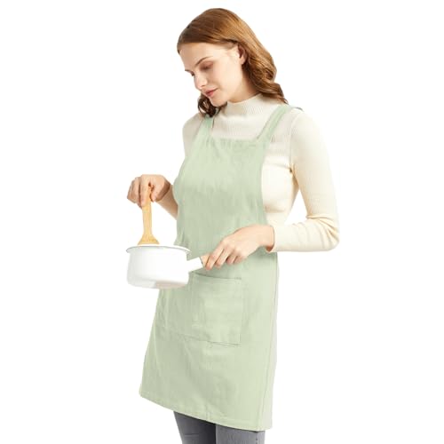 Aprons for Women with Pockets Plus Size Comfort Cross Back No Tie Cotton Linen Apron Pinafore (Lightgreen / Small)