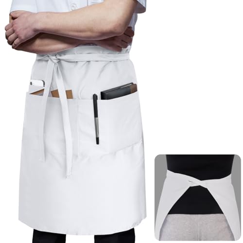 Long Server Apron Black with 3 Pockets 28" Bistro Aprons Waterproof (1 PACK(34x28 Inches) / White)