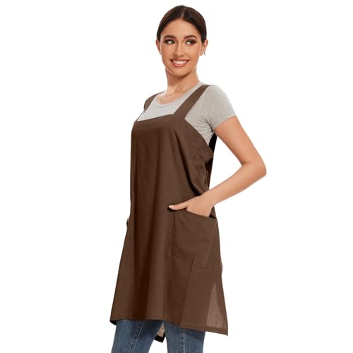 Women Apron with 2 Pockets Cotton Linen Kitchen Baking Cooking Chef Cross Back Pinafore Dress for Work Restaurant Gardening (3X-Large / Brown)