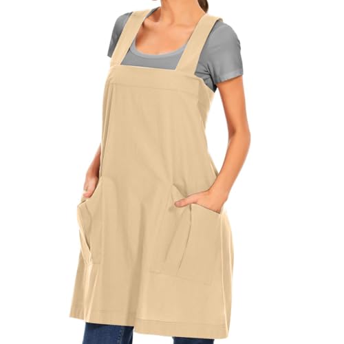 Women's Cotton Cross Back Apron Pinafore Dress with Big Pockets Loose Square Apron for Baking Cooking Gardening (Apricot / Medium)