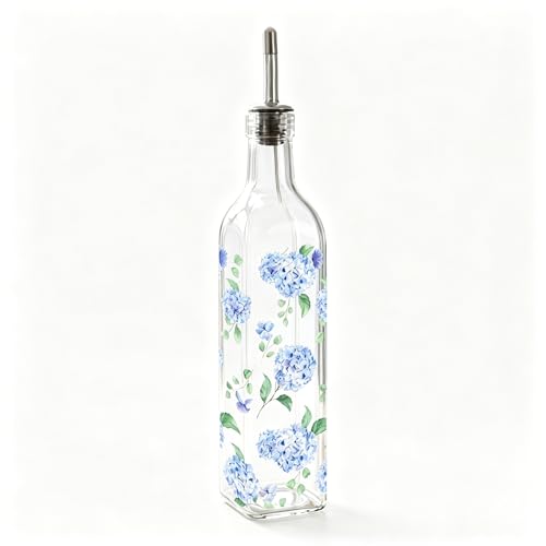 17 Oz Blue Hydrangea Olive Oil Dispenser Bottle Glass Cruet Bottle with Spout Floral Cooking Vinegar Container for Spring Summer Home Kitchen Table Countertop Decor