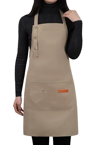 Apron for Men Women with Adjustable Straps and Large Pockets (Beige)