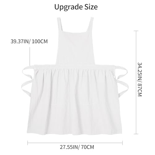 Cute Cotton Pinafore Aprons for Women with Pockets for Kitchen (White)