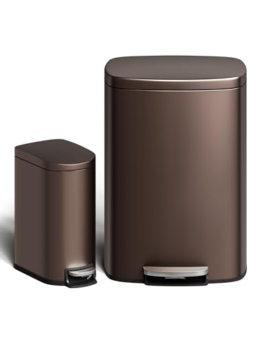 13 gal (50 L) and 2.6 gal (10 L) Metal Trash Can Combo Set, Rustproof Garbage Can with Lid, Step-on Trash Bin with Inner Bucket, Rear Handle, Brown (Brown / 13.2 + 2.6 gal Combo Set)