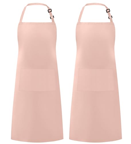 2 Pack 100% Cotton Adjustable Bib Apron with 2 Pockets for Women (Nude Pink / 2 Cotton)