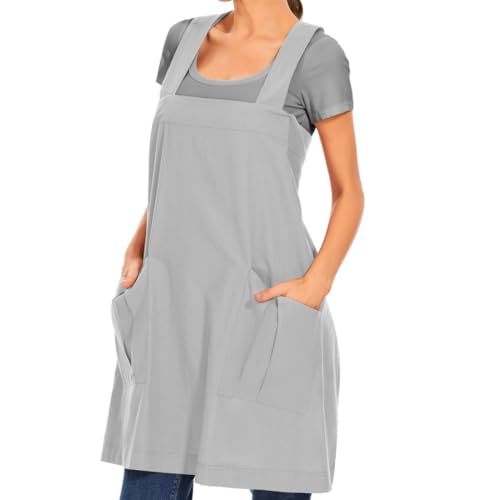 Women's Cotton Cross Back Apron Pinafore Dress with Big Pockets Loose Square Apron for Baking Cooking Gardening (Light Grey / Large)