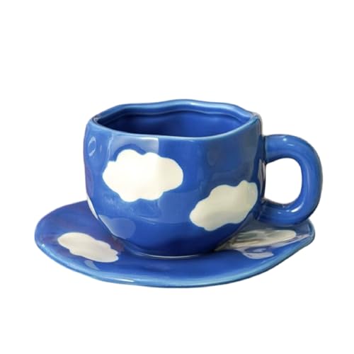 Sky and White Clouds Coffee Mug with Saucer (Dark Blue)