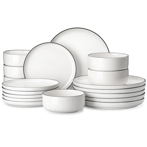18 Pcs Porcelain Plates and Bowls Sets (Ivory White-Black Rim / 18 Pcs (Service for 6))