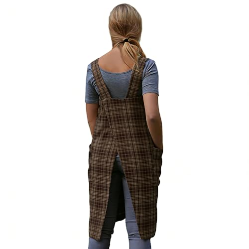 Women's Pinafore Square Apron Baking Cooking Gardening Works Cross Back Cotton (Small / Gingham-brown)