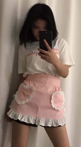 Waist Apron Kitchen Cooking Restaurant 100% Cotton Bistro Half Aprons with Pockets For Girl Woman (Pink Heart)