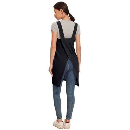 Women Apron with 2 Pockets Cotton Linen Kitchen Baking Cooking Chef Cross Back Pinafore Dress for Work Restaurant Gardening (Small / Black)
