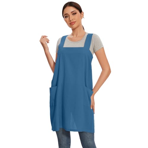 Women Apron with 2 Pockets Cotton Linen Kitchen Baking Cooking Chef Cross Back Pinafore Dress for Work Restaurant Gardening (Medium / Lake Blue)