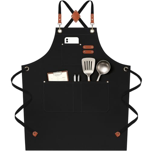 Chef Aprons for Men Women with 4 Pockets (Black)