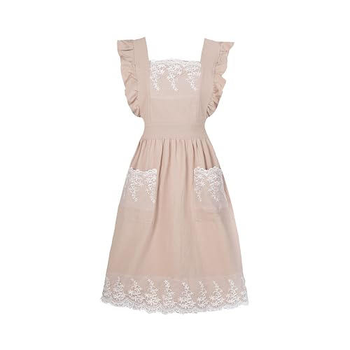Vintage Aprons for Woman with Pockets Cute Lace Ruffle Adjustable Apron for Cooking Kitchen Baking Gardening (Beige)