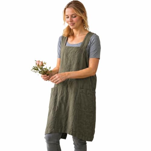 Cross Back Linen Cotton Apron with Pockets (3X-Large / Green)
