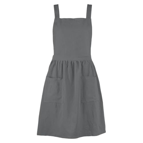 Linen Cotton Pinafore Apron Dress for Women with Pockets (Grey)