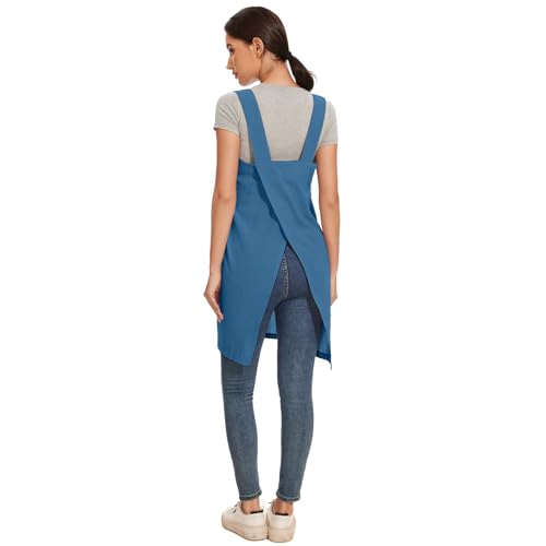 Women Apron with 2 Pockets Cotton Linen Kitchen Baking Cooking Chef Cross Back Pinafore Dress for Work Restaurant Gardening (Medium / Lake Blue)