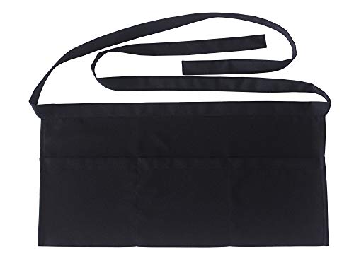 Resist water 3 big Pockets Waist Server Apron Kitchen Restaurant Bistro Cafe Bar Pub Cake Shop Bakery Unisex Half Aprons for Chef (Black)