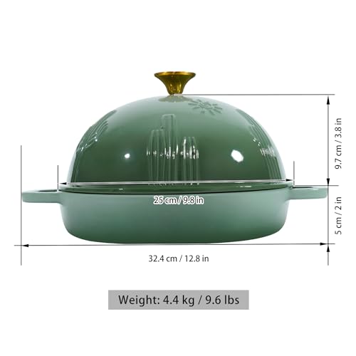 Bread Oven Cast Iron Bread Dutch Oven with Cloche Lid for Bread Baking Green Enameled Cast Iron Bread Oven with Dome Lid for Sourdough (Green / 9.8 Inches)