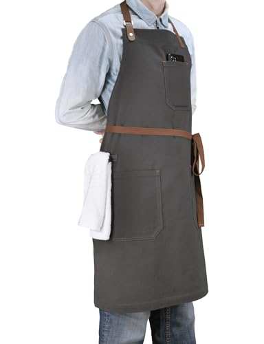 Cooking Apron for Men Women with Pockets & Towel Loop (Dark Grey)
