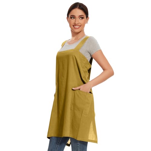 Women Apron with 2 Pockets Cotton Linen Kitchen Baking Cooking Chef Cross Back Pinafore Dress for Work Restaurant Gardening (Small / Yellow)