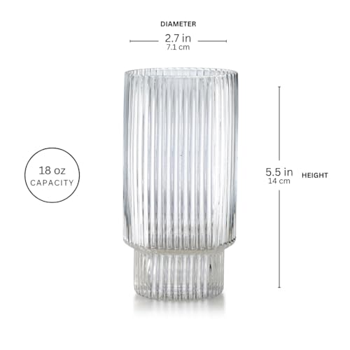 Qualia Carousel Highball Glasses Set of 4 Ribbed Glass Cups 18 oz Fluted Cocktail Glasses Lead (Clear)