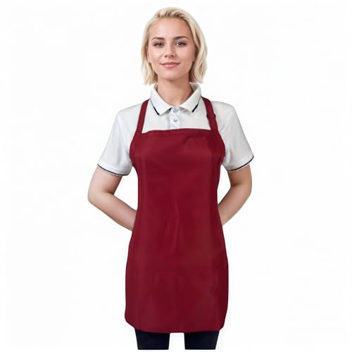 Adjustable Waterproof Aprons with 3 Pockets for Men Women (Red, 2 Pack)