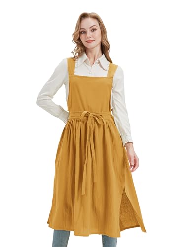 Cotton Apron Pinafore Dress for Women with Pockets Vintage Apron (Lightcoffee)