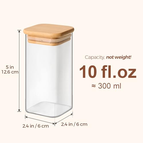 Square Glass Spice Jars with Labels 10 oz 16 Pack with Bamboo Lids (10 fl oz x 16 - Square)