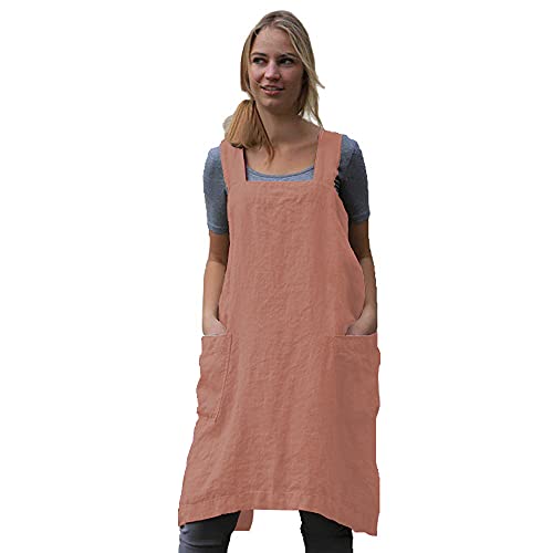 Women's Pinafore Square Apron Baking Cooking Gardening Works Cross Back Cotton (Large / Y-salmon Pink)