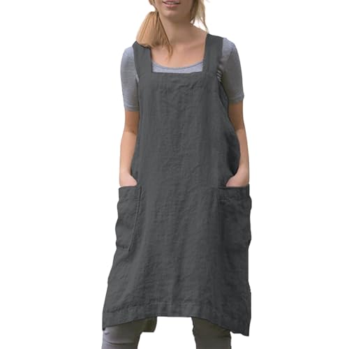 Women Apron with 2 Pockets Cotton Linen Kitchen Baking Cooking Chef Cross Back Pinafore Dress for Work Restaurant Gardening (X-Large / Dark Grey)
