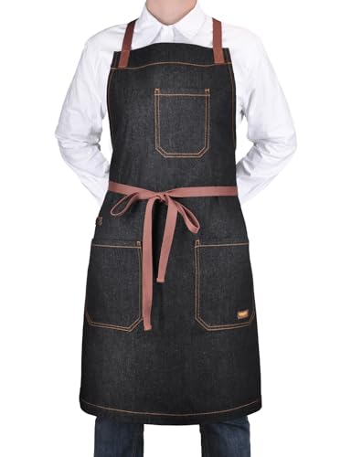 Mens Womens Cooking Apron with Cross Back Straps (Black Denim With Cross Back Straps)