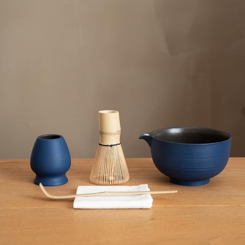 Matcha Whisk Set with Handmade Ceramic Bowl & Matcha Set (Cobalt Blue)