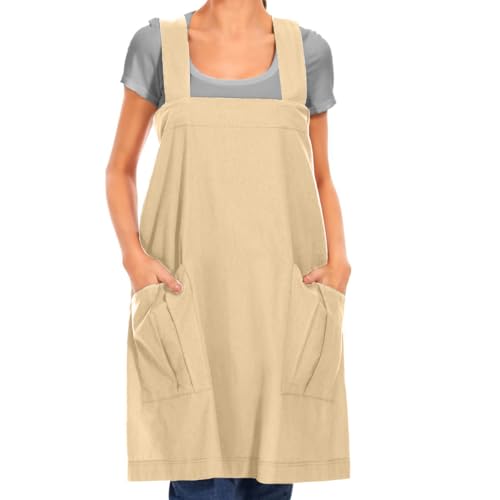 Women's Cotton Cross Back Apron Pinafore Dress with Big Pockets Loose Square Apron for Baking Cooking Gardening (Apricot / Medium)
