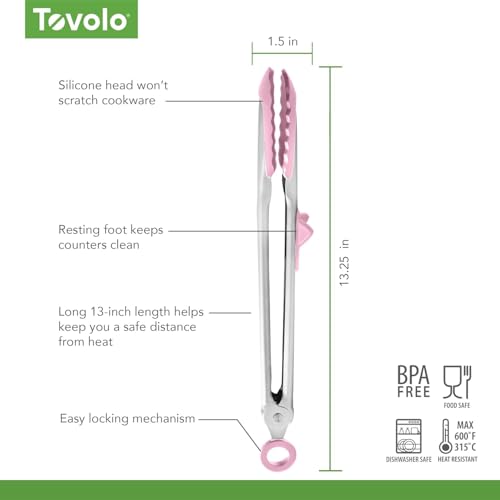 Tongs With Silicone Tips Easy Grip 13" Long Kitchen Tongs Stainless Steel Handle For Cooking (Pink Sorbet)