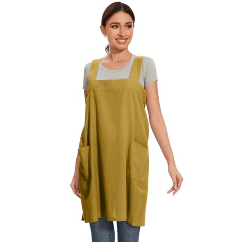 Women Apron with 2 Pockets Cotton Linen Kitchen Baking Cooking Chef Cross Back Pinafore Dress for Work Restaurant Gardening (Small / Yellow)