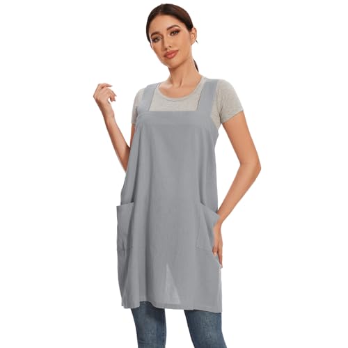 Women Apron with 2 Pockets Cotton Linen Kitchen Baking Cooking Chef Cross Back Pinafore Dress for Work Restaurant Gardening (X-Large / Light Grey)