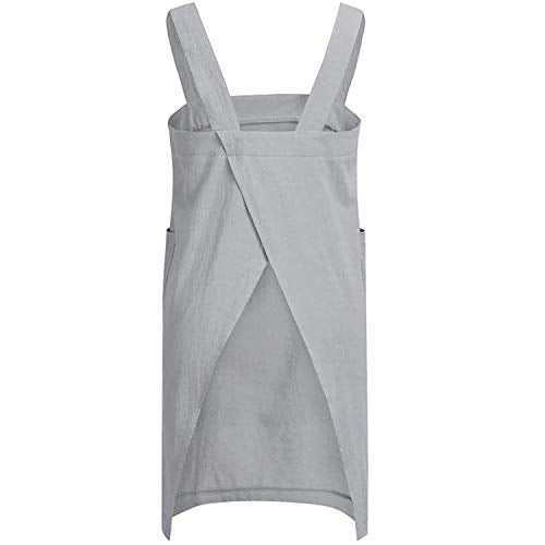 Cotton Linen Apron Cross Back Apron for Women with Pockets Pinafore Dress for Baking Cooking (Grey / X-Large)