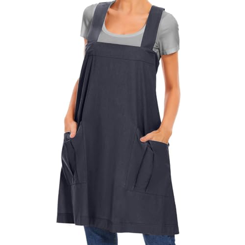 Women's Cotton Cross Back Apron Pinafore Dress with Big Pockets Loose Square Apron for Baking Cooking Gardening (Dark Grey / Large)