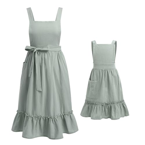 Womens Cute Frill Cross Back Cotton Linen Japanese Apron With Pockets (Sage Green Kids / 3-6 Years)