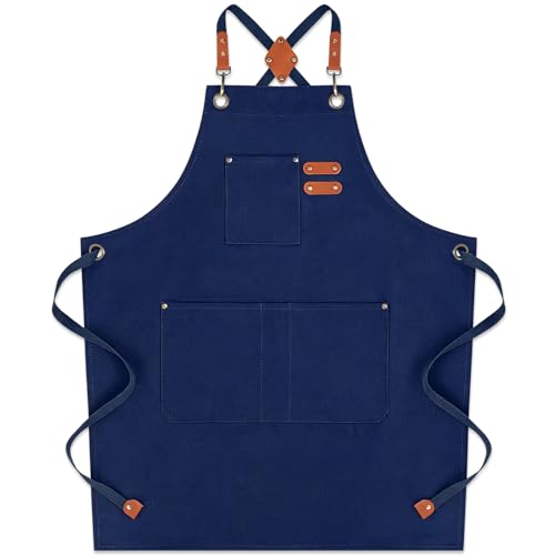 Chef Aprons for Men Women with Large Pockets (Navy Blue)
