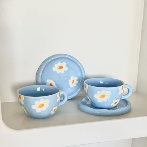 Coffee Mugs Set with Saucer Blue Flowers Cup Gifts for Women Birthday Tea Coffee Mug with Coaster 250 ML Ceramic Cup Birthday Gift for Women Girls Mom Friend Coffee Mug aucer Set (#A Blue Flowers Coffee Mug Set with Saucer)