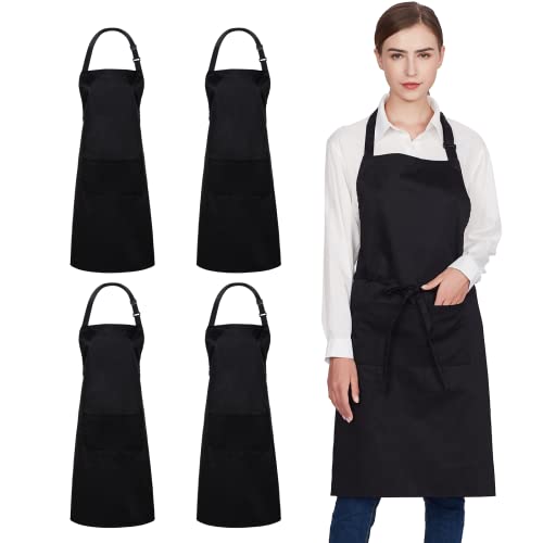 4 Pack 100% Cotton Aprons with 2 Pockets Cooking Chef Kitchen Adjustable Bib Apron for Women Men (Black)