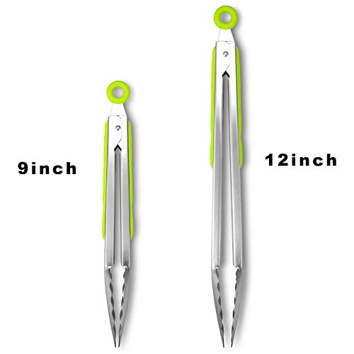 Premium 304 Stainless Steel Tongs Set (9" & 12" / Green)
