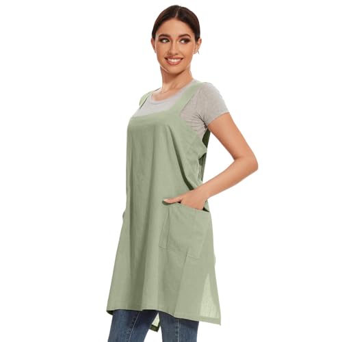 Women Apron with 2 Pockets Cotton Linen Kitchen Baking Cooking Chef Cross Back Pinafore Dress for Work Restaurant Gardening (Small / Light Green)
