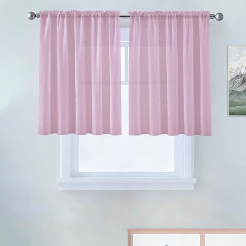 Basic Rod Pocket Sheer Voile Window Curtain Panels Light Pink 1 Pair 2 Panels 52 Width 36 Inch Long for Kitchen Bedroom Children Living Room Yard（Light Pink (Light Pink / 52"W x 36"L (Pack of 2))