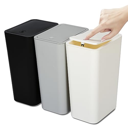 3 Pack 10L 2.6 Gal Bathroom Trash Can with Lid (2.6gal Black-Gray-Off White)