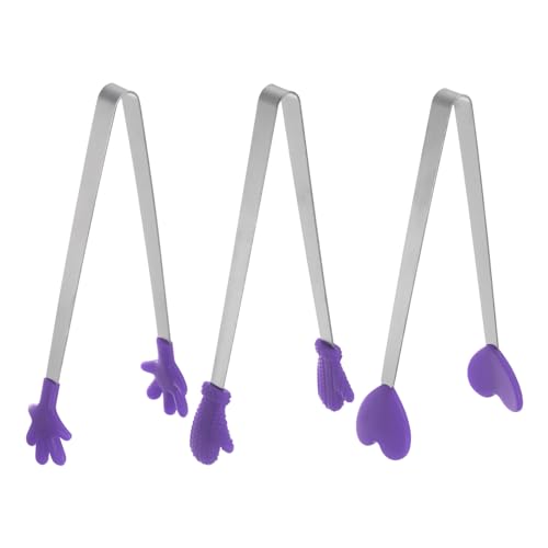 Mini Food Tongs 5.5" Pattern Shape Stainless Steel with Silicon Tips Small Cooking Tongs Kitchen Food Tongs Serving Tongs for Cooking Grilling BBQ Barbecue Kitchen (Purple)